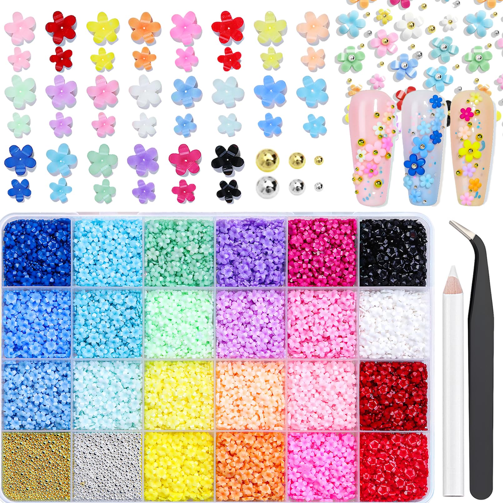 VYNELLE flower nail charms in 24 colors inspire vibrant home manicure ideas.