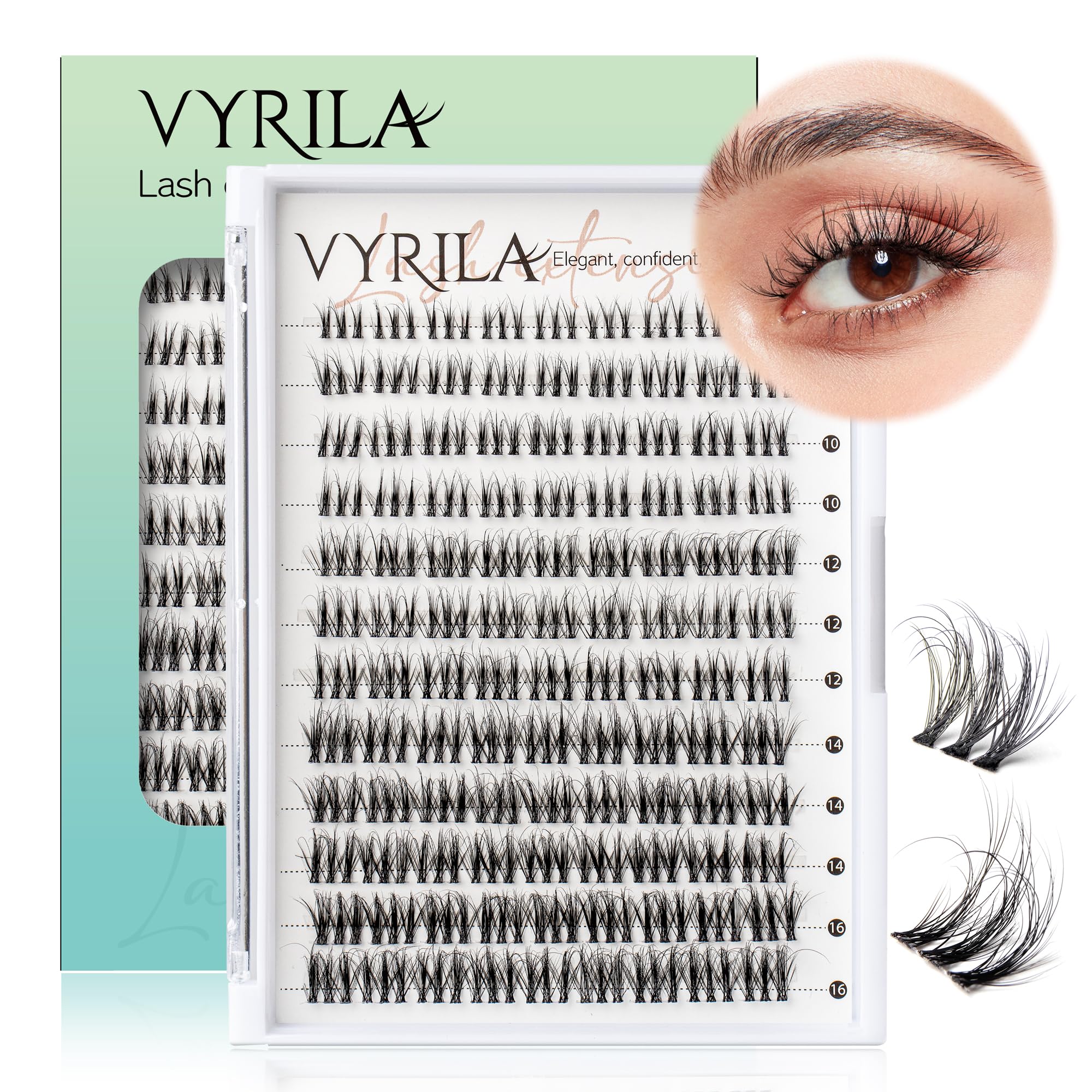 VYRILA Lash Clusters packaging highlights Silk PBT material for at-home salon-quality lashes