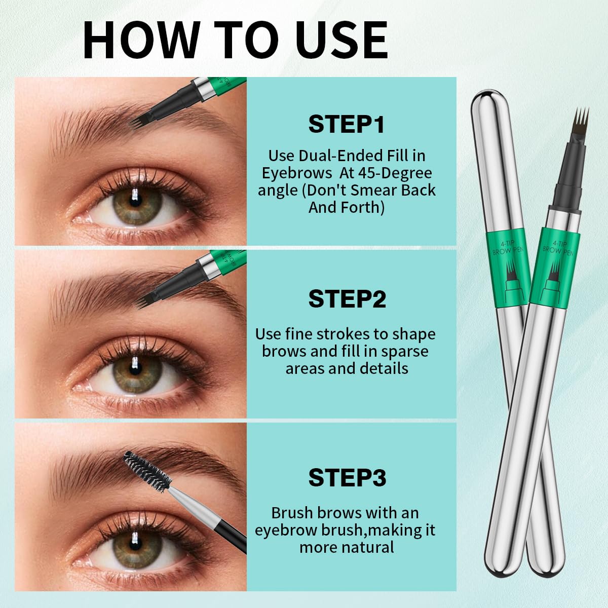 W3W eyebrow pen usage demonstrates a 45-degree technique for precise light strokes.