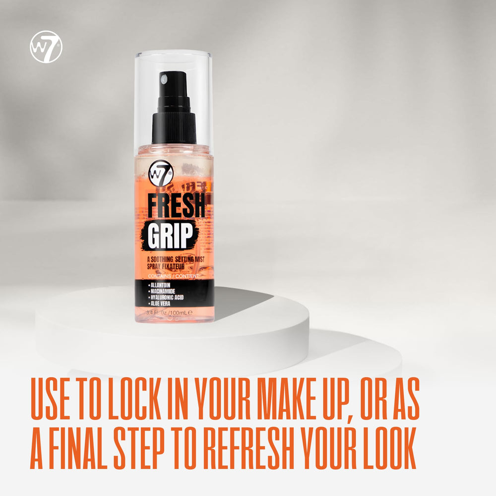 W7 Fresh Grip spray after makeup sets and refreshes your look