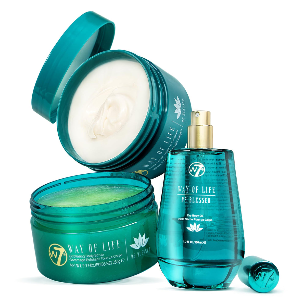 W7 Way of Life Exfoliating Scrub jar shows smoothing texture for renewed skin.