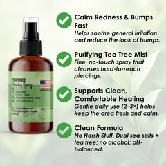 Wacan Tea Tree Piercing Spray mist on skin promotes gentle cleansing for irritated piercings.