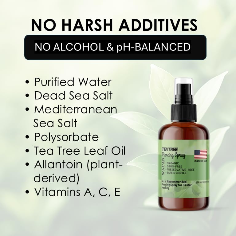 Wacan Tea Tree saline-aftercare spray closeup shows fine mist for broad-area use.