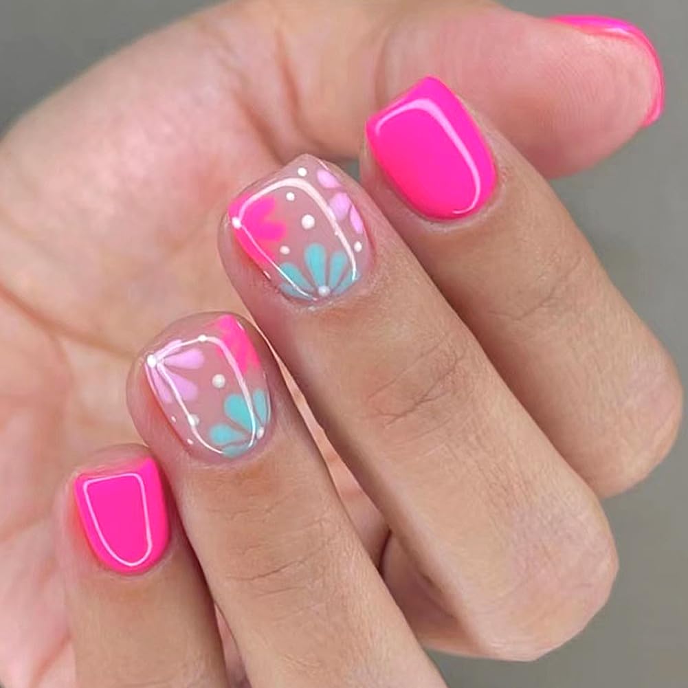 WAFOLOZE press-on nails short design features glossy red with blue and pink flowers for chic quick wear
