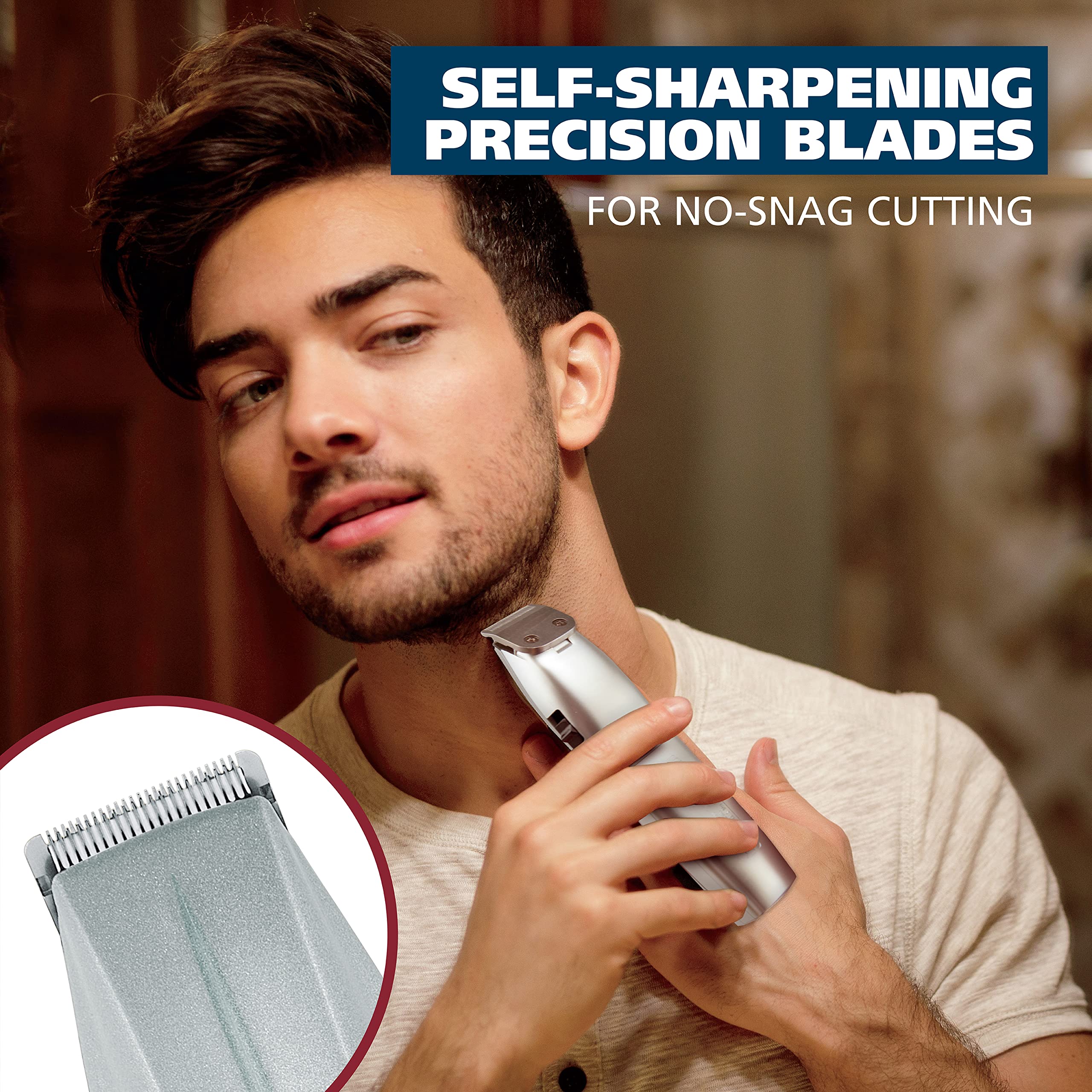 Wahl beard-trimmer 5-position guide combs enable versatile length options.