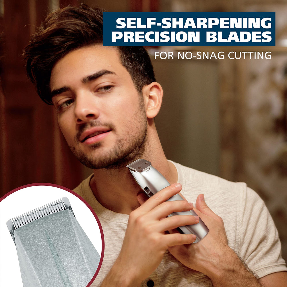 Wahl beard-trimmer 5-position guide combs enable versatile length options.