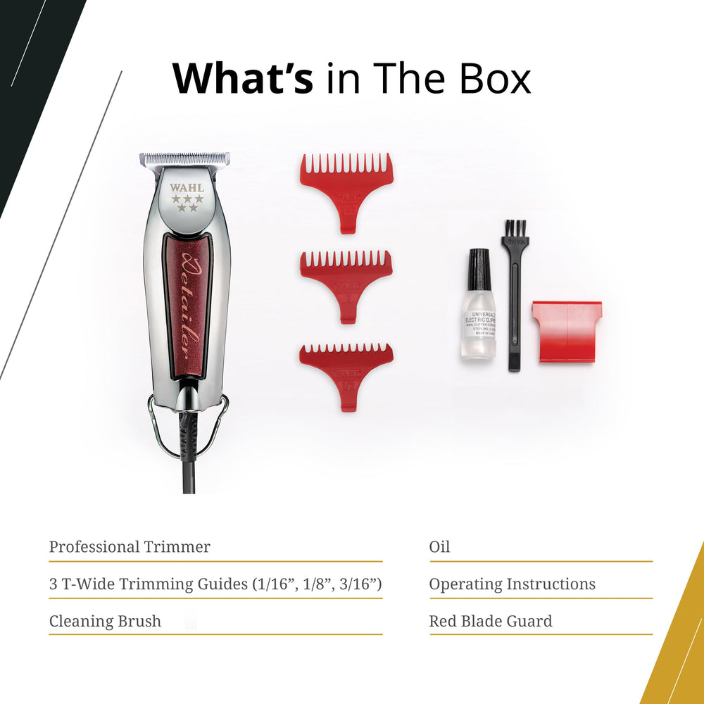 Wahl Detailer Trimmer burgundy complete kit with guides for adjustable lengths.