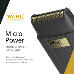 Wahl Micro Power Shaver cordless design supports ergonomic grooming on the go.