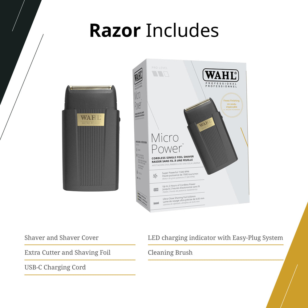 Wahl Micro Power Shaver includes extra cutter and foil for extended performance.