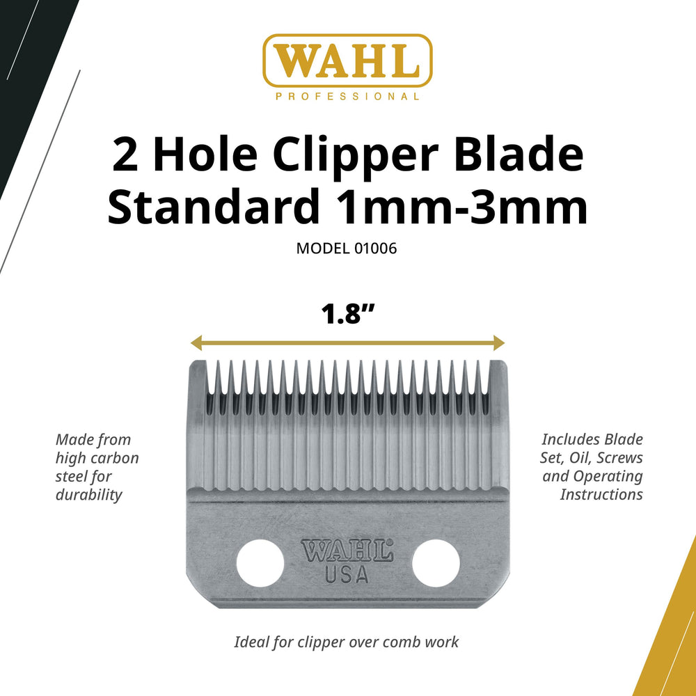 Wahl Professional 2-Hole Standard Blade kit content image shows complete replacement set for fast maintenance.