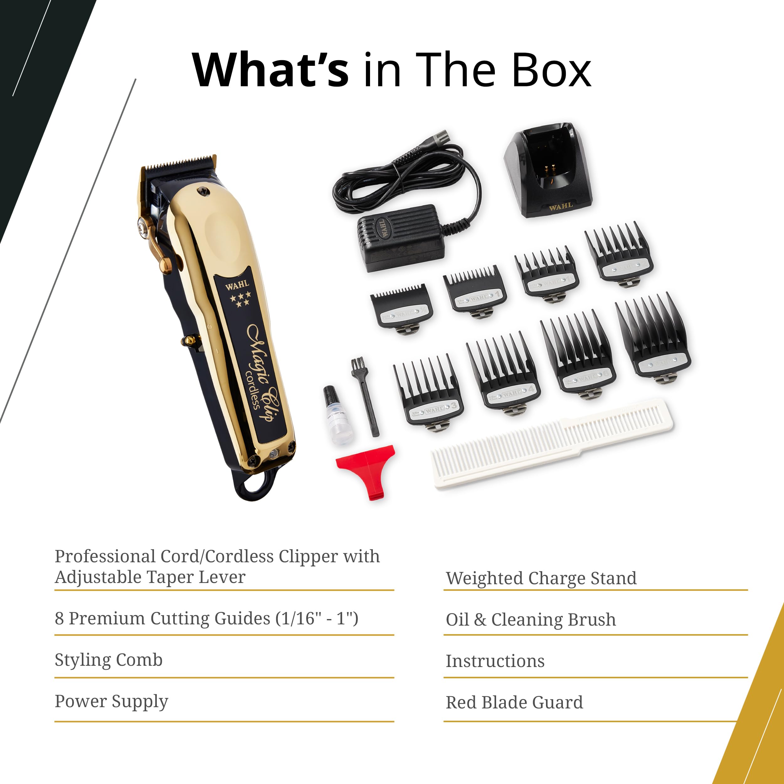 Wahl Professional 5-Star Cordless Magic Clip Gold attachment combs expand styling versatility.