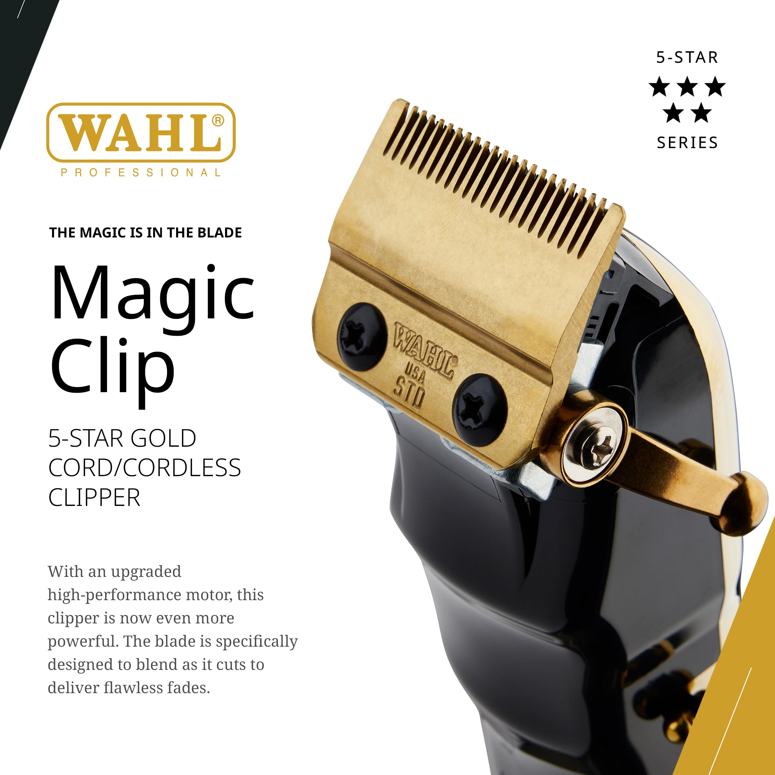 Wahl Professional 5-Star Cordless Magic Clip Gold battery delivers 100 minute runtime for long sessions.