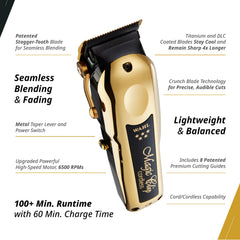 Wahl Professional 5-Star Cordless Magic Clip Gold blade ensures precise, clean fades.