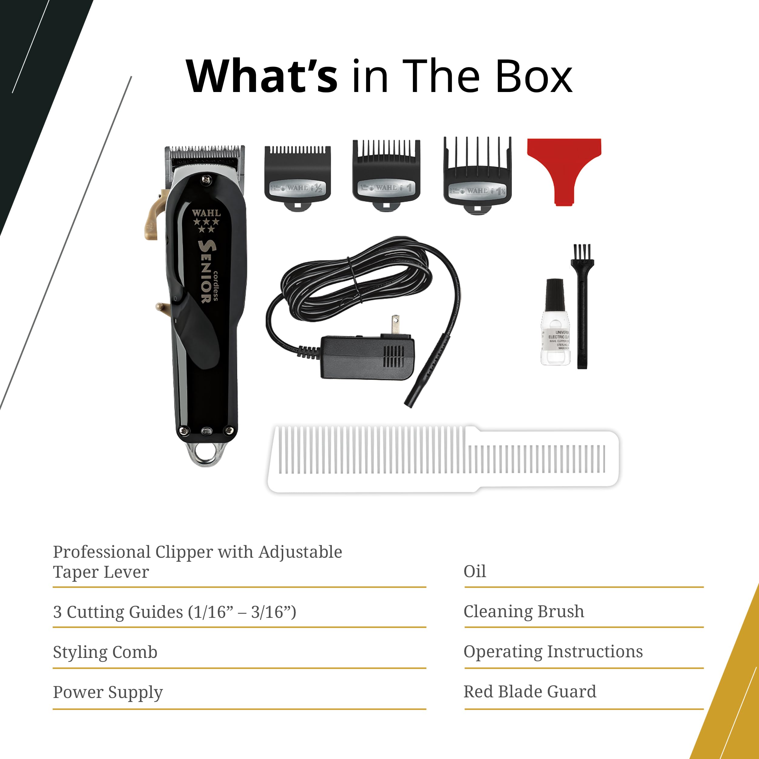 Wahl Professional 5 Star Cordless Senior Clipper with guard attached for adjustable lengths.