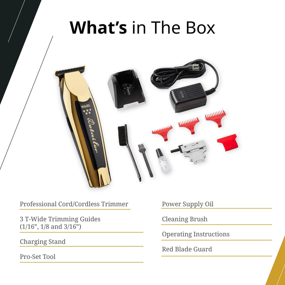 Wahl Professional 5 Star Gold Detailer trimming kit includes attachments and care supplies.
