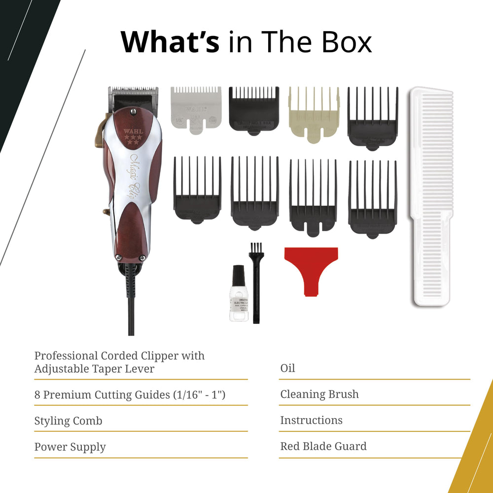 Wahl Professional 5-Star Magic Clip includes eight attachment combs for versatile fading.