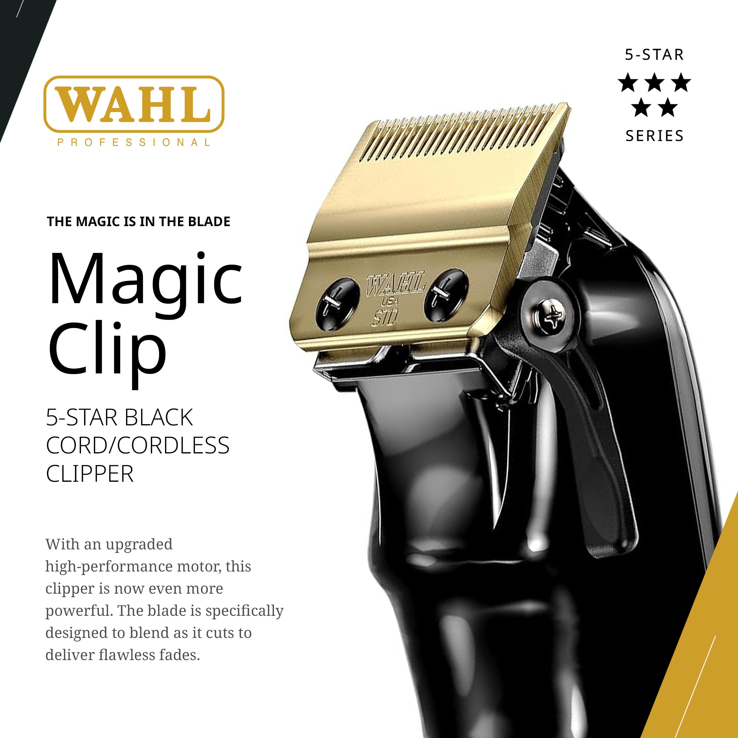 Wahl Professional 5 Star Magic Clip cordless-operation scene showcasing flexible, battery-powered grooming on the go.