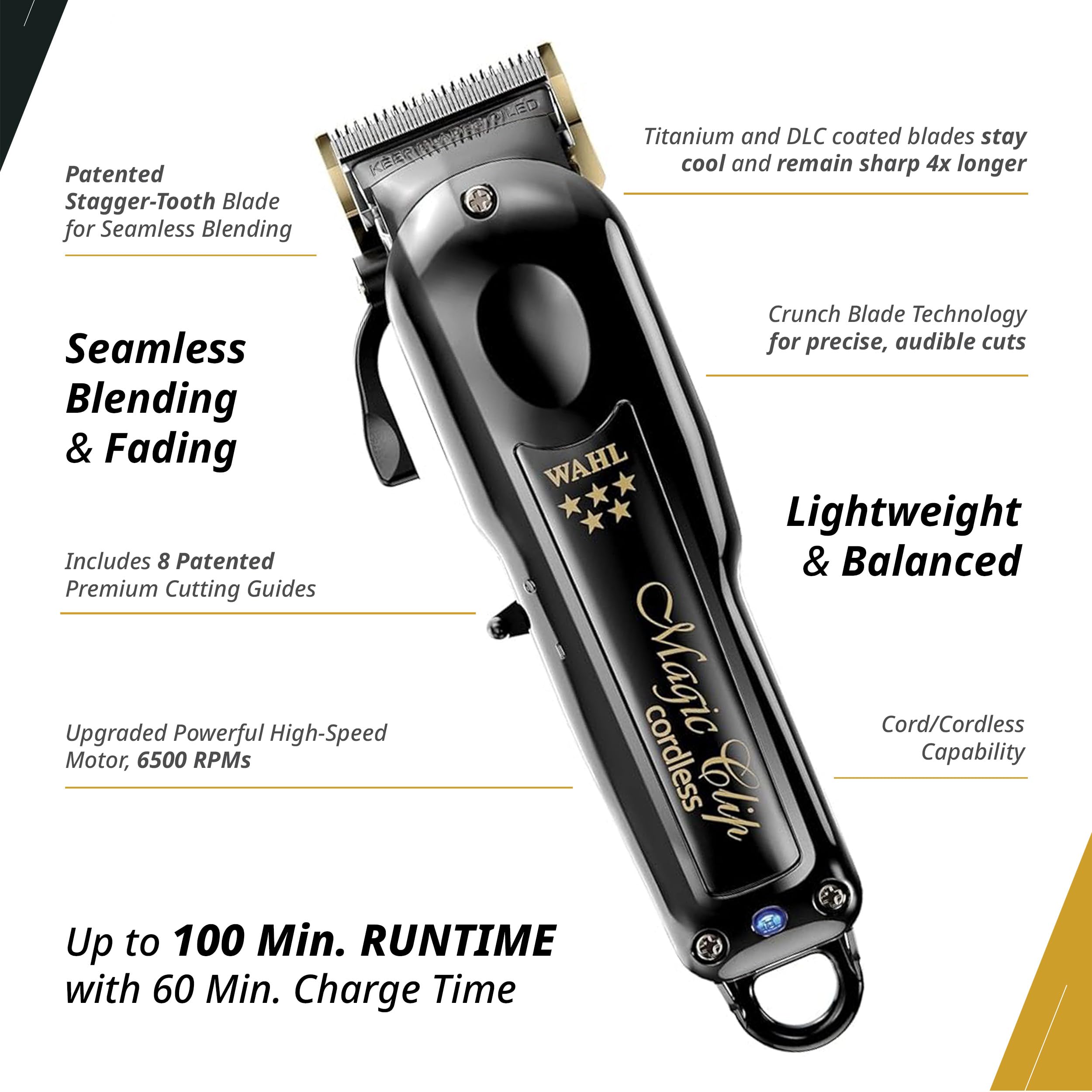 Wahl Professional 5 Star Magic Clip precision-blade close-up highlights clean, accurate trimming results.