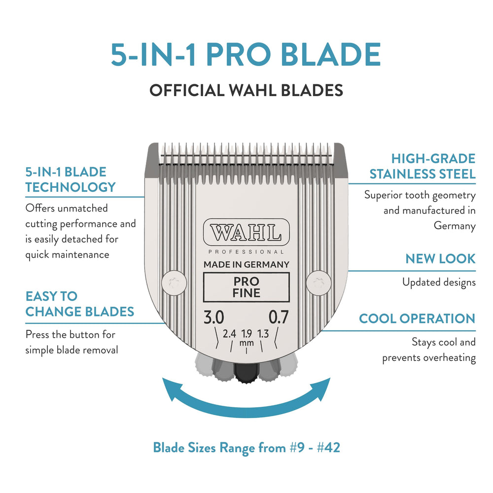 Wahl 5-in-1 blade sizes-coverage image highlights #9 to #40 options for grooming