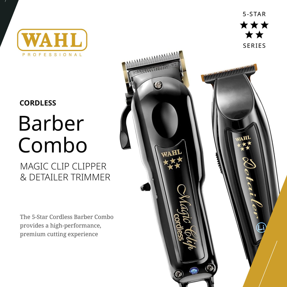 Wahl Professional cordless barber combo Magic Clip blades close-up show premium steel and precision