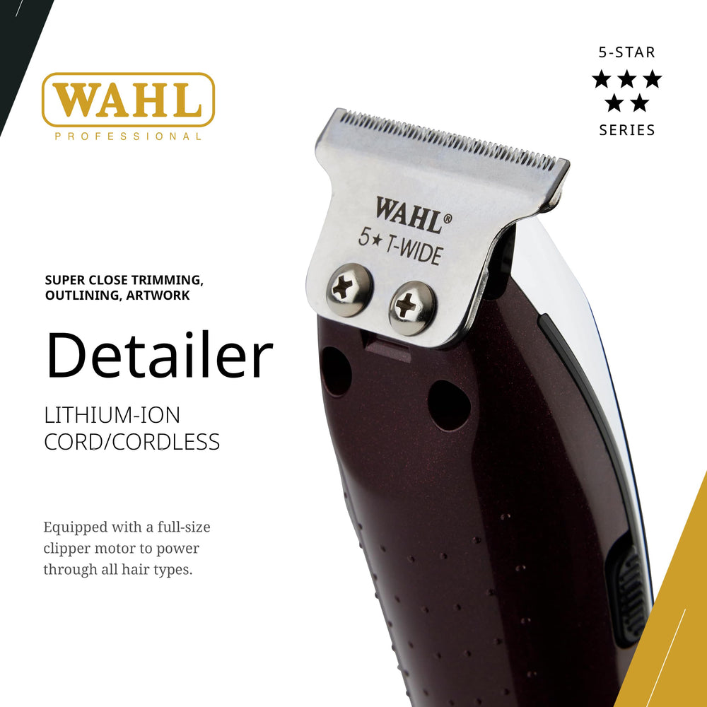 Wahl Professional detailer Li wide blade closeup shows sharp cutting edge for crisp lines.