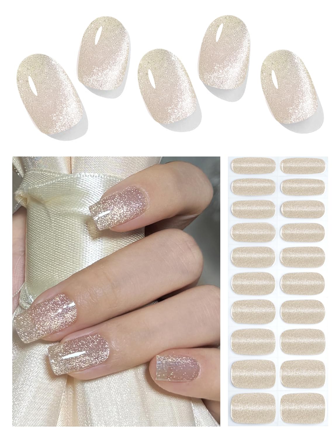 Wahrshei semi cured gel nail strips nude cat eye pack for quick at-home manicure
