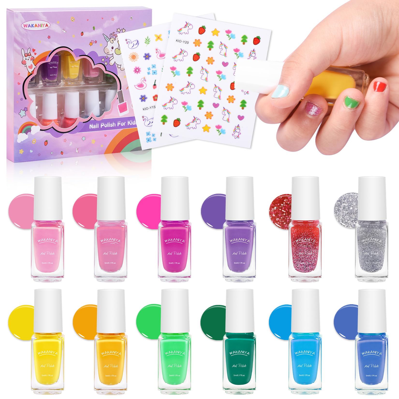wakaniya kids nail polish set features 12 candy colors for safe, kid-friendly nails