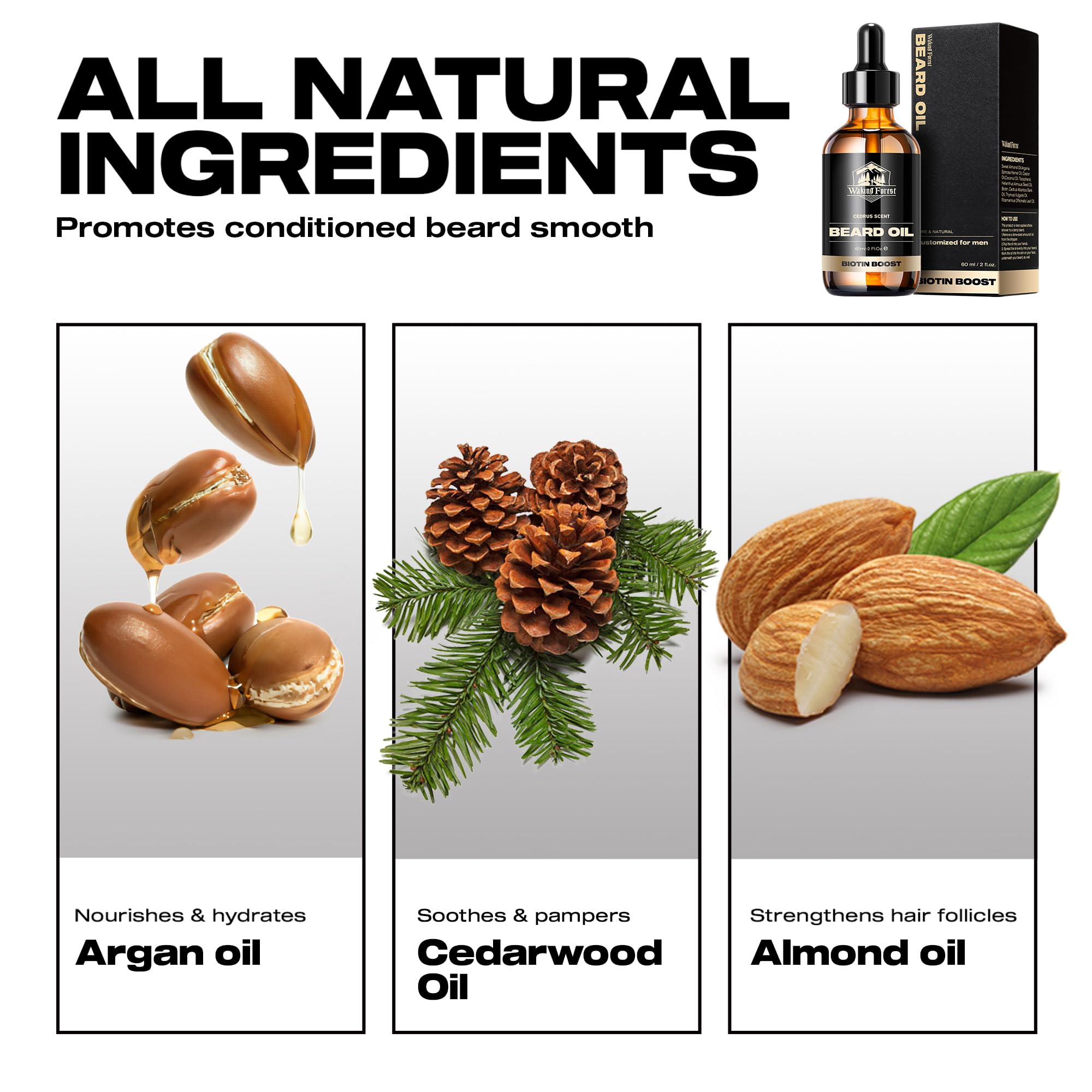 Waking Forest ingredients-jojoba-argan features nourishing oils for healthier beard follicles.