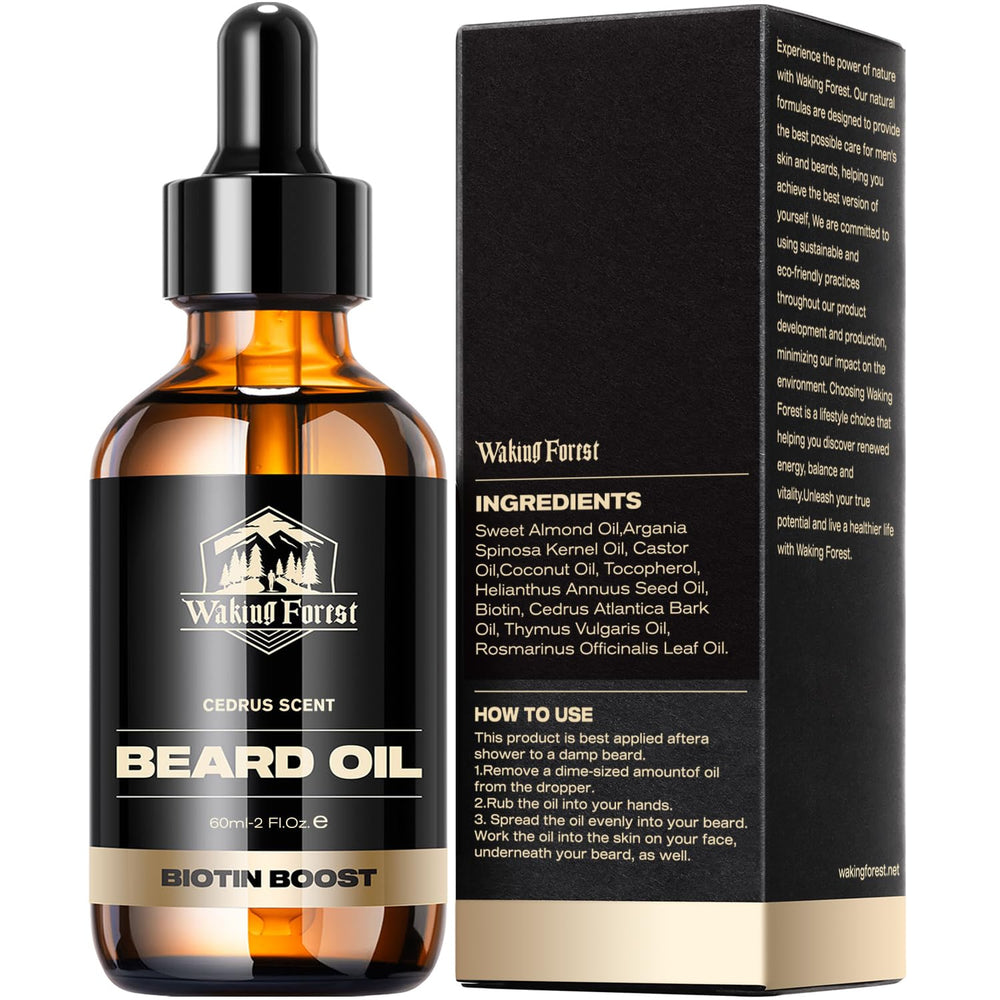 Waking Forest packaged-cedar-beard-oil-2oz reflects compact bottle for travel-ready care.