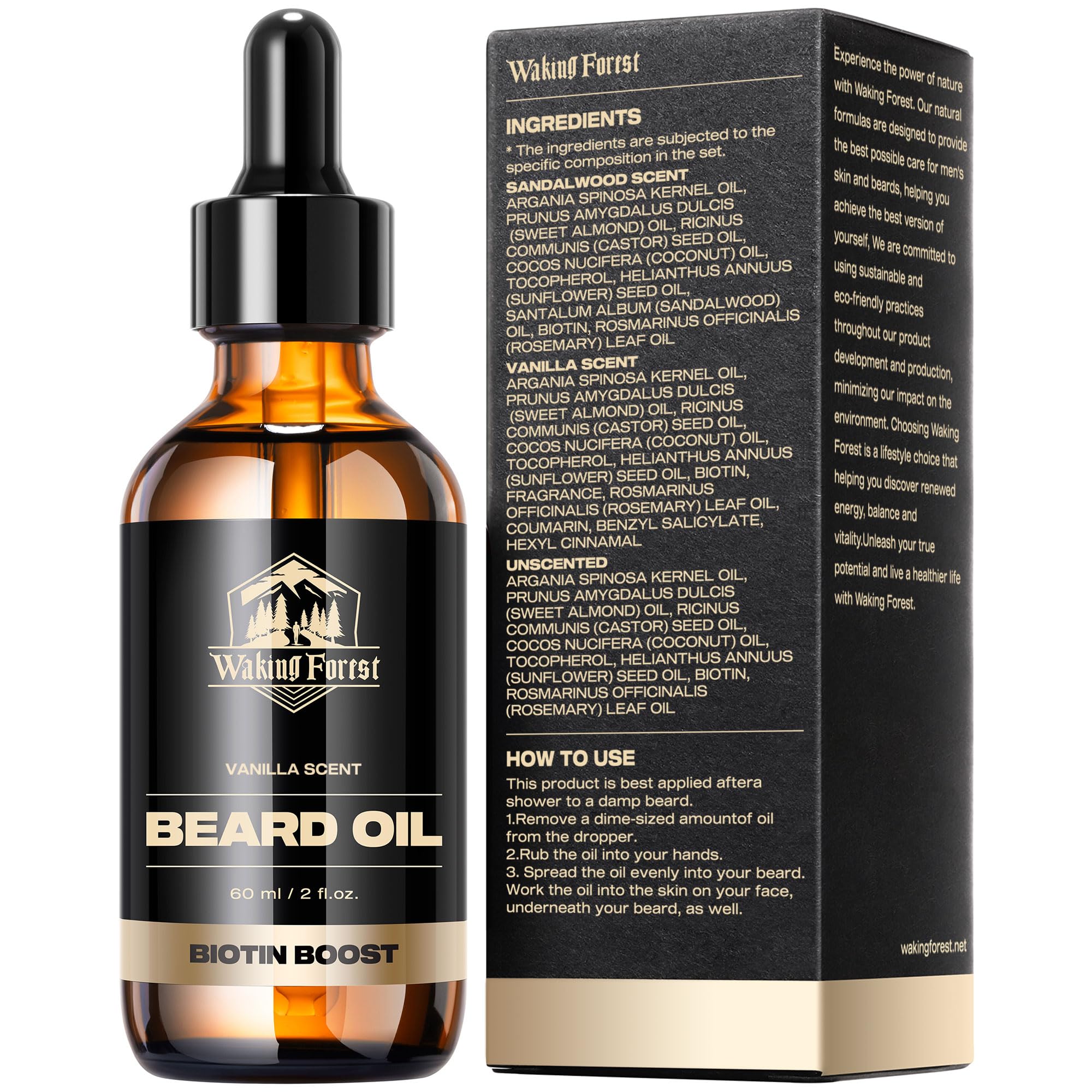 Waking Forest vanilla beard oil packaging signals natural, ethical branding.