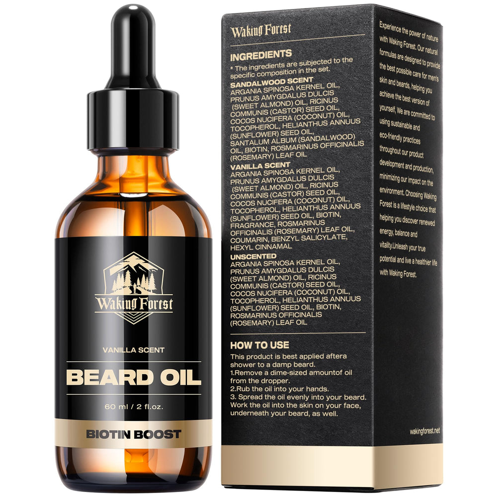 Waking Forest vanilla beard oil packaging signals natural, ethical branding.