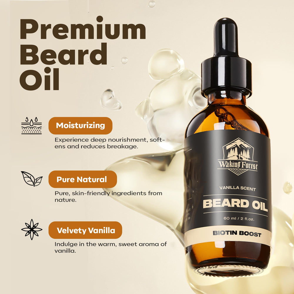 Waking Forest vanilla beard oil close-up emphasizes skin hydration beneath the beard.