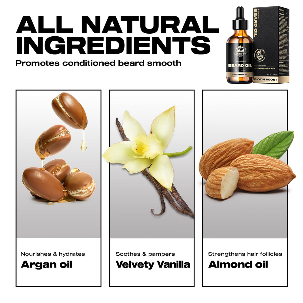 Waking Forest vanilla beard oil bottle conveys warm vanilla aroma for subtle scent.