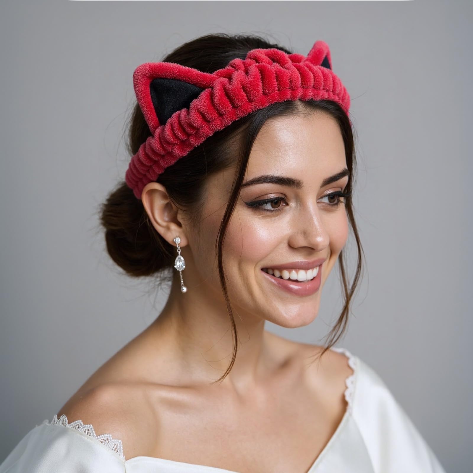 Waliah cat ears headband red keeps hair tidy during makeup.