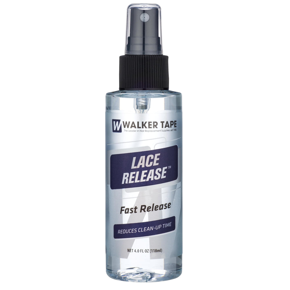 The Walker Tape Lace Release bottle spray shows residue-free removal for cleaner lace and scalp.