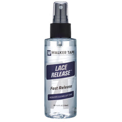 The Walker Tape Lace Release bottle spray shows residue-free removal for cleaner lace and scalp.