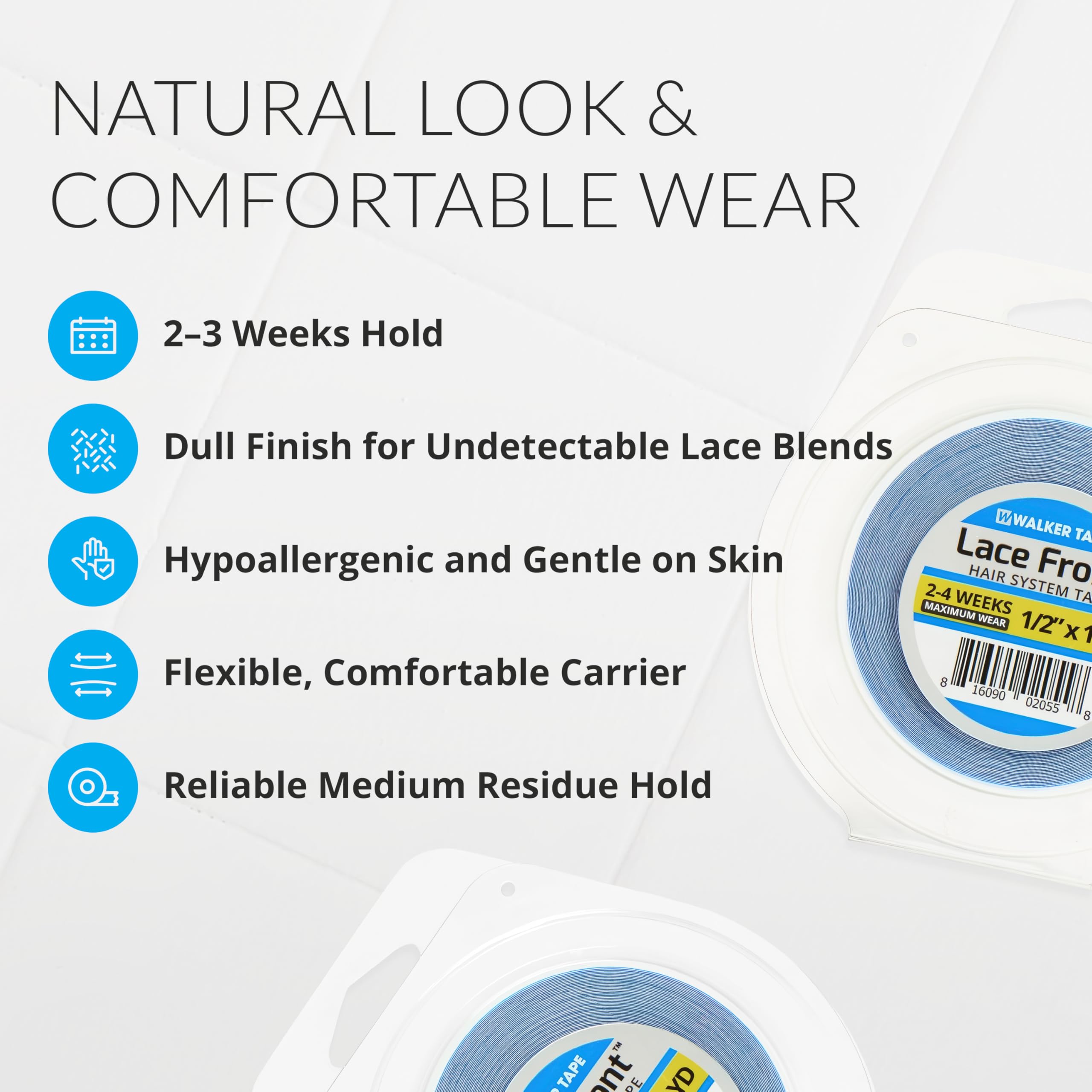 Walker Tape WKR-LF-M3 lace-front application close-up demonstrates discreet, invisible hold on hairlines.