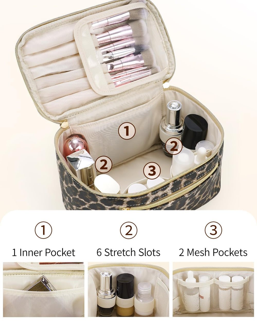 Wandering Nature makeup bag elastic-pockets-side for secure bottle storage.