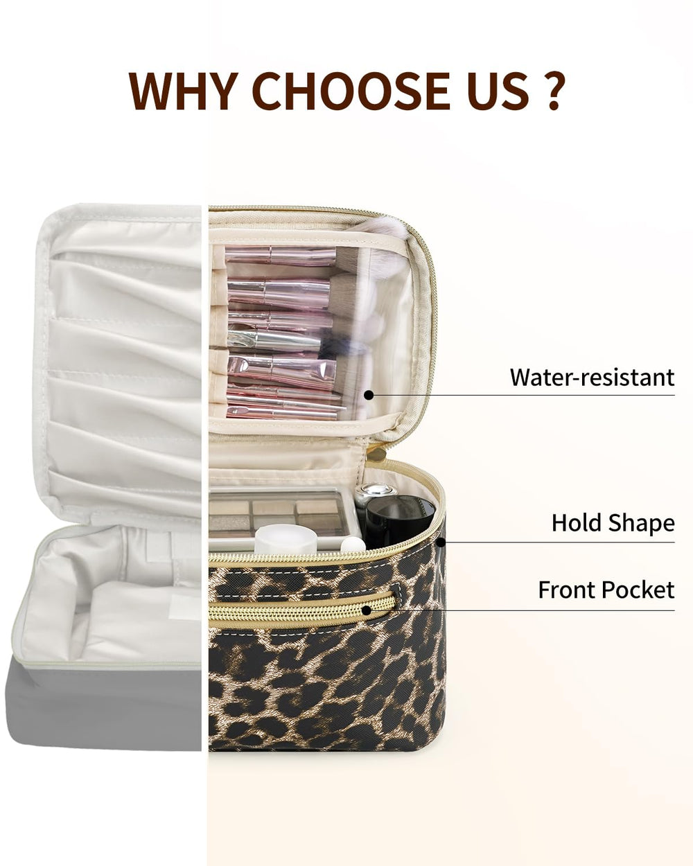 Wandering Nature makeup bag front-pocket for quick access to small tools.