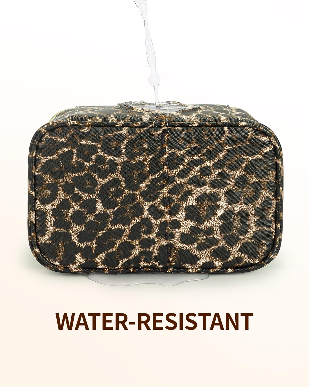 Wandering Nature makeup bag leopard-print design combines style with vegan-leather durability.