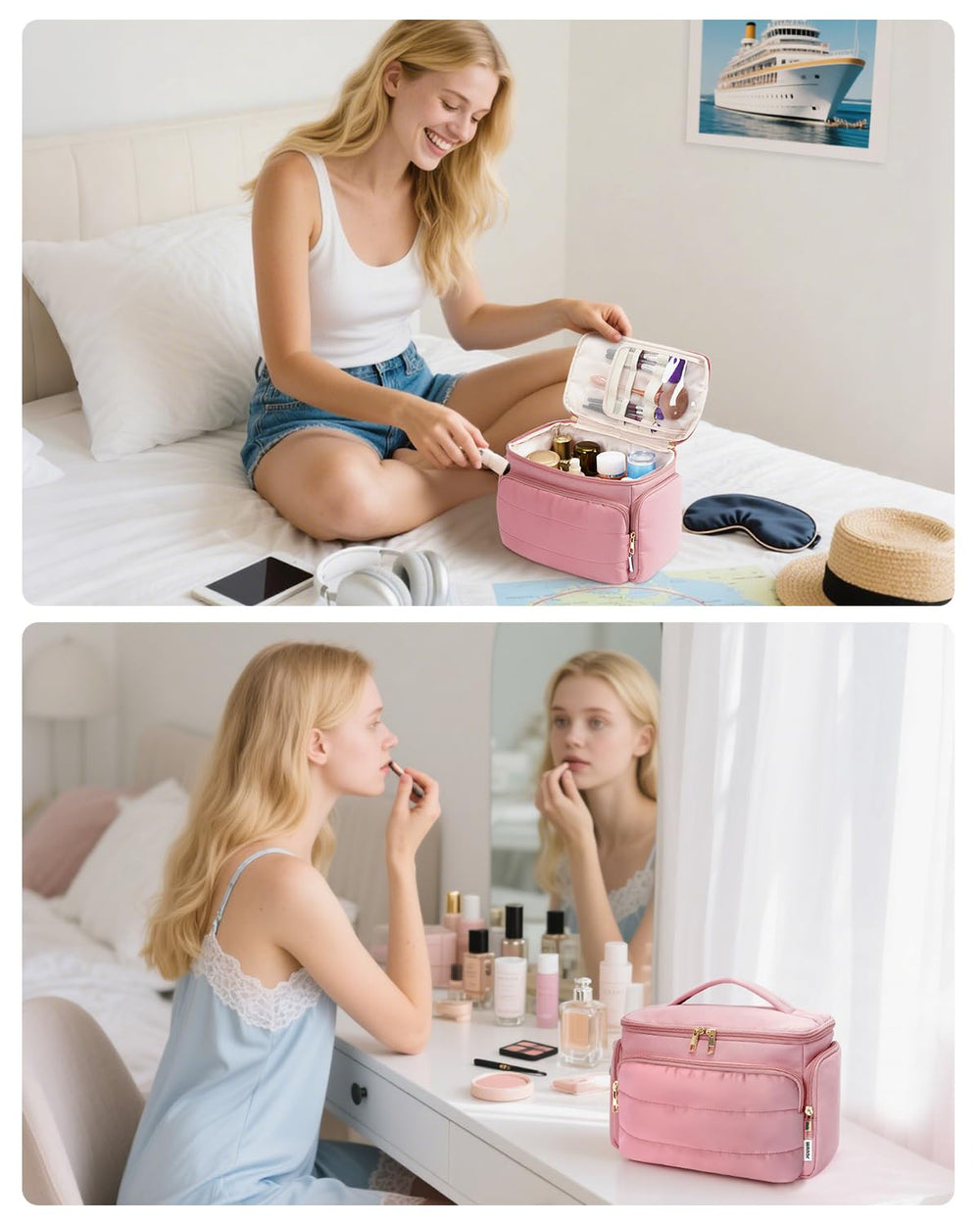 WANDF carry-on friendly dusty pink bag fits in luggage while keeping essentials accessible