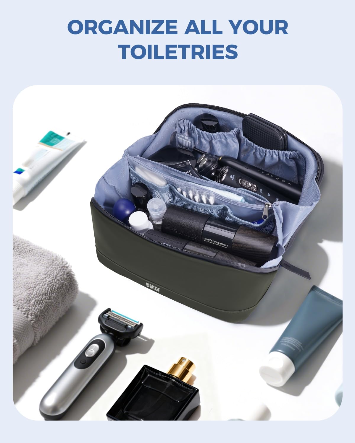 WANDF toiletry bag army green center waterproof compartment protects dry items during travel.