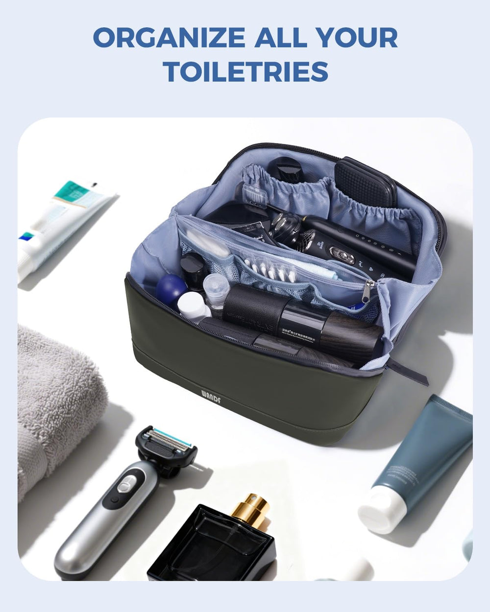 WANDF toiletry bag army green center waterproof compartment protects dry items during travel.
