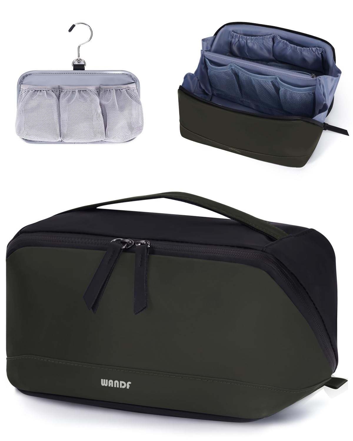 WANDF toiletry bag army green hanging pouch enables quick access for on-the-go organization.