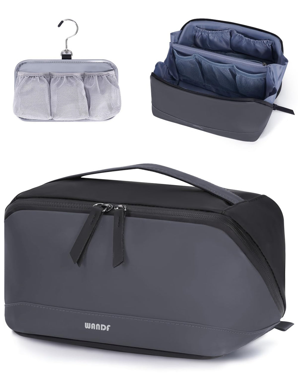 WANDF Toiletry Bag dark gray open-flat view for easy access during travel