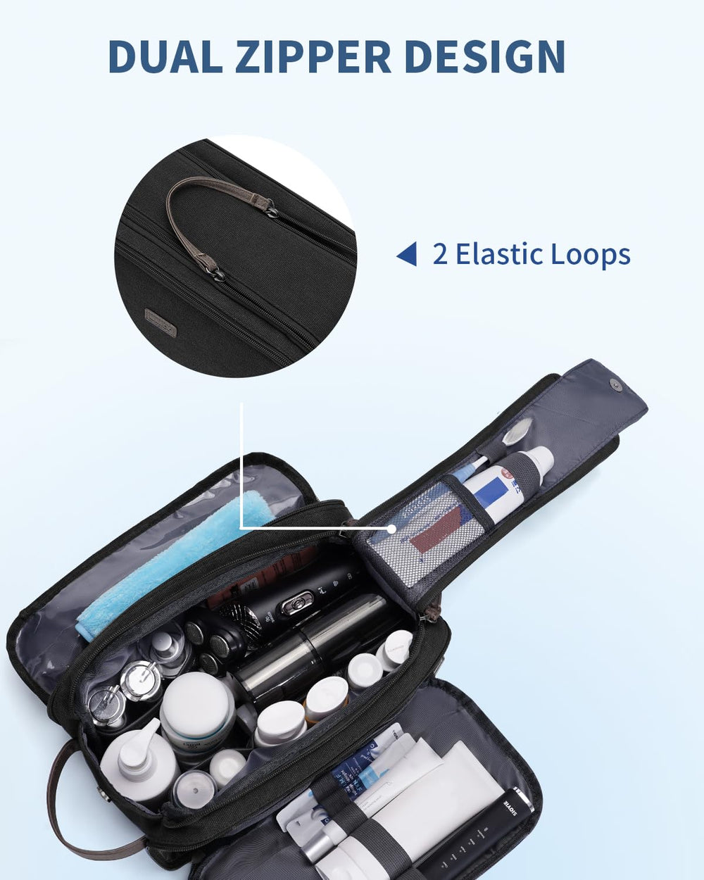 WANDF toiletry bag dual zippers enable fast, full-access packing