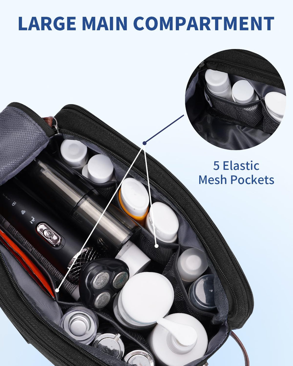 WANDF toiletry bag elastic loops in lid secure toothbrushes and razors