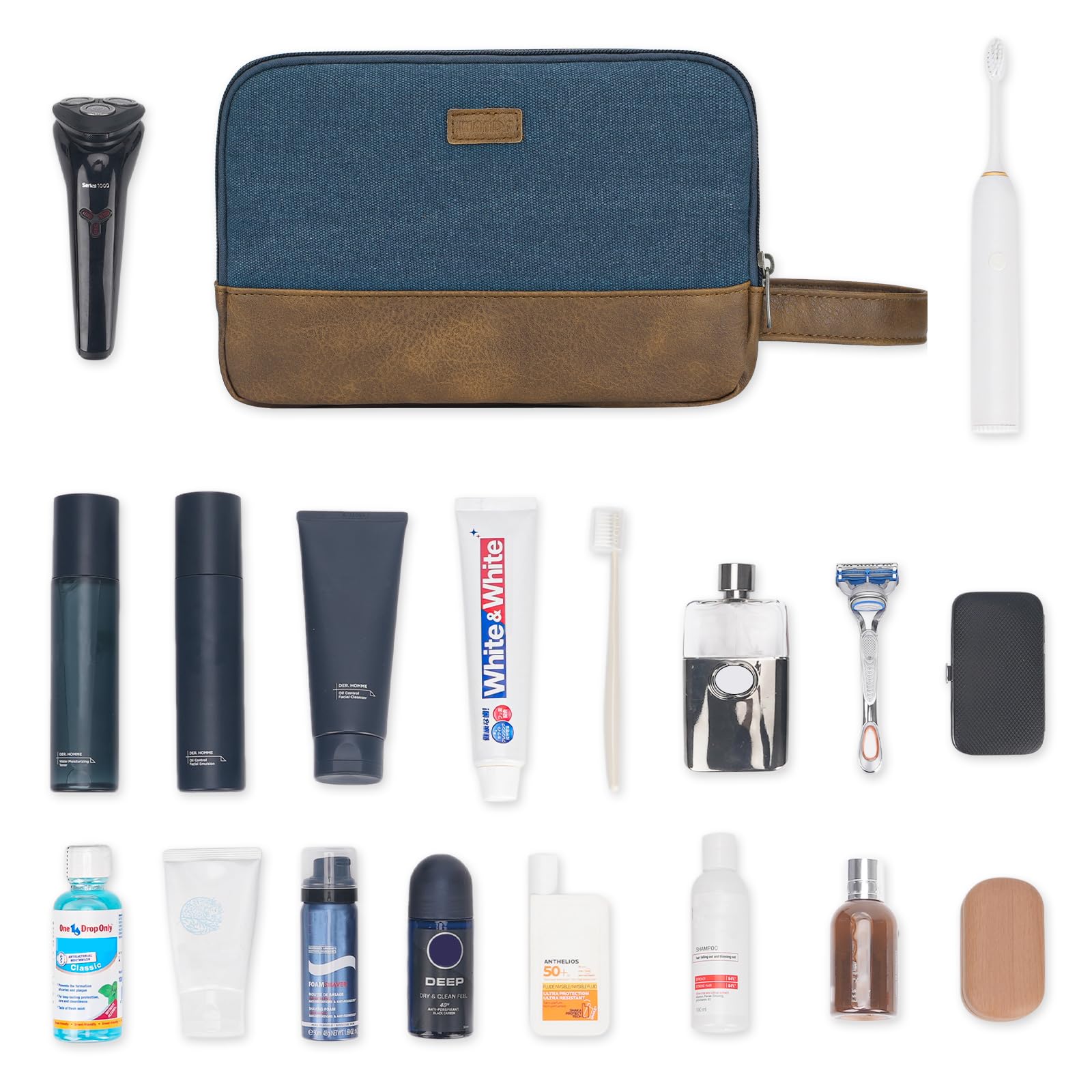 WANDF toiletry bag compact size fits essential grooming items in 9.8 x 5.1 x 6.3 inches.