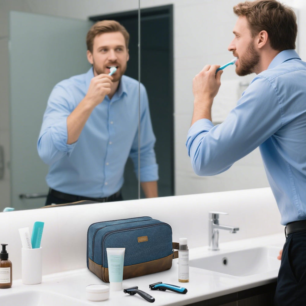 WANDF travel toiletry bag blue open main compartment reveals spacious storage and easy packing.