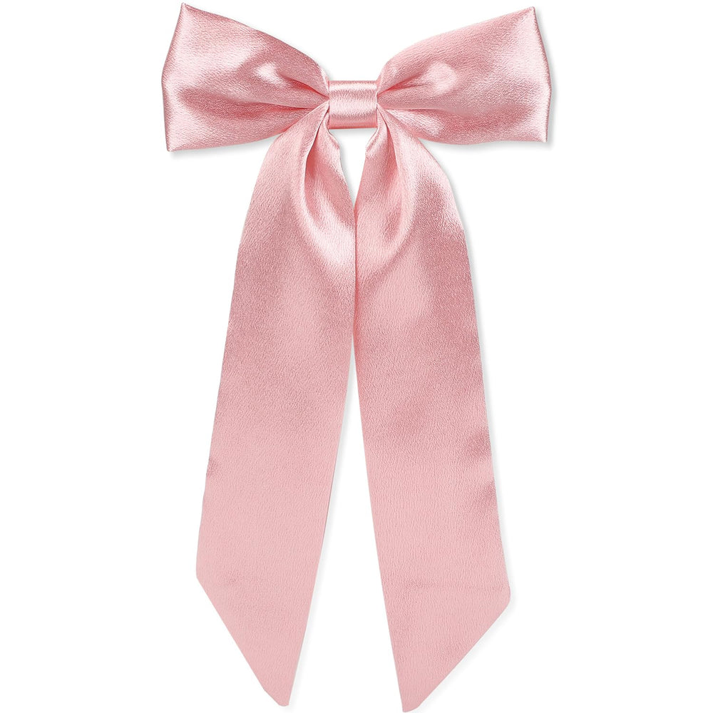 WantGor long-tail bow hair clip pink closeup satin secures thick hair